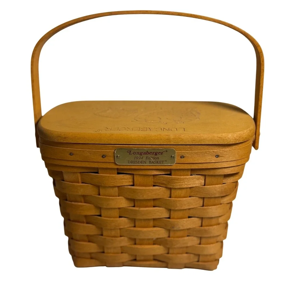 VTG Longaberger Dresden Basket 1994 Edition Wood Lid Woven Picnic Decor Brown